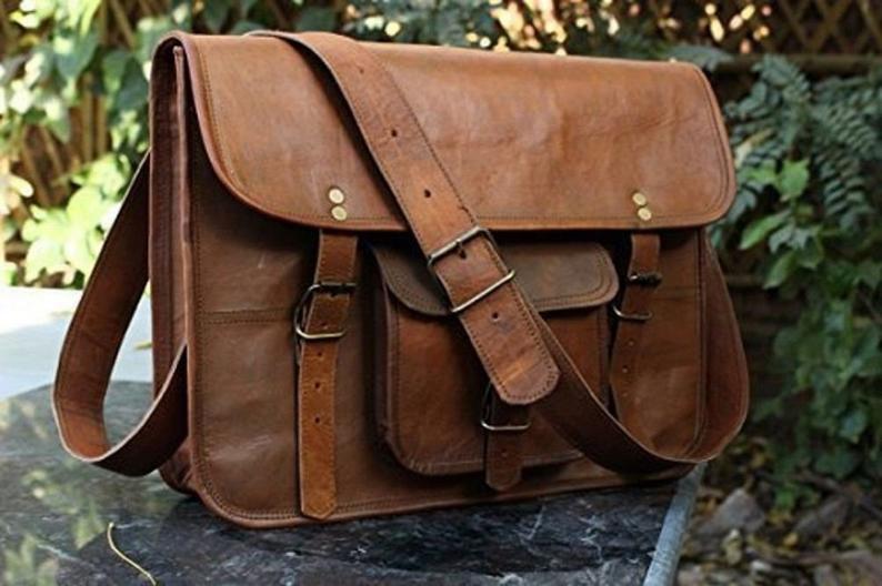 Vintage Handmade Goat Leather Messenger Satchel Bag Briefcase Bag 15 