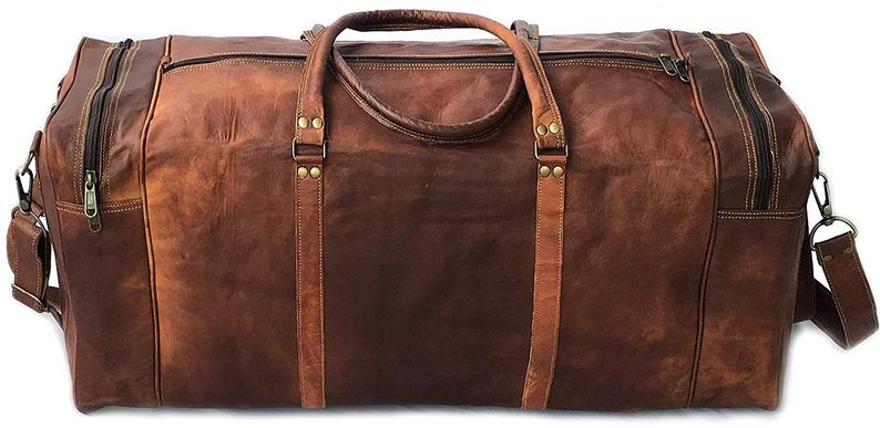 Leather Saddler 28 Inch Real Goat Vintage Leather Large Handmade Travel Luggage Bags in Square Big Large Brown bag Carry On 