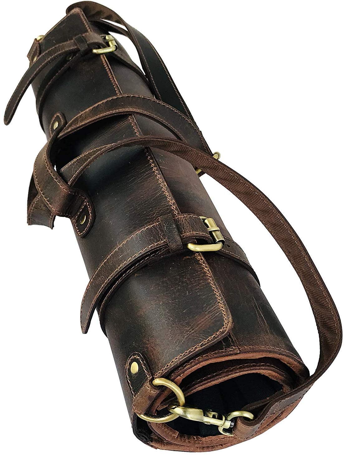 RUSTIC TOWN Leather Knife Roll Storage Bag | Elastic and Expandable 11  Pockets with Tool Pouch | Adjustable/Detachable Shoulder Strap 